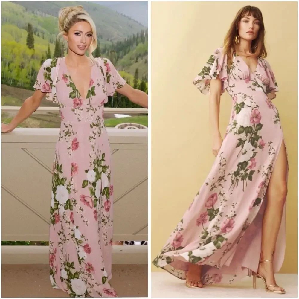 NWT Reformation Rose Garden Shayla Dress 4 Pink Floral Maxi Viscose Paris Hilton